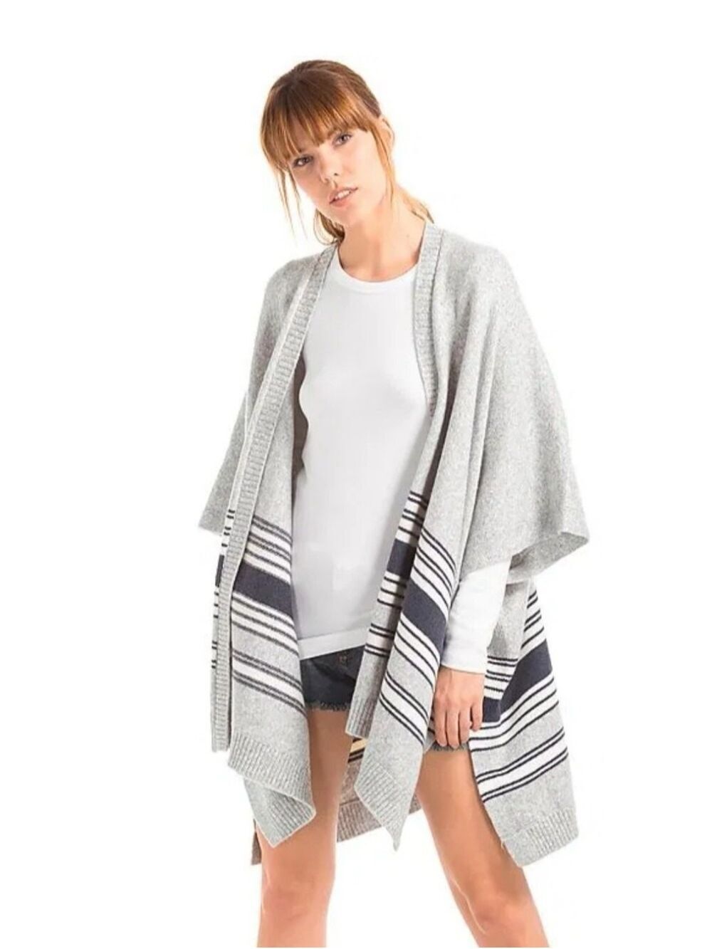 Womens GAP Boho Cozycore Poncho Light Grey and Navy Striped Open Cardigan. OS